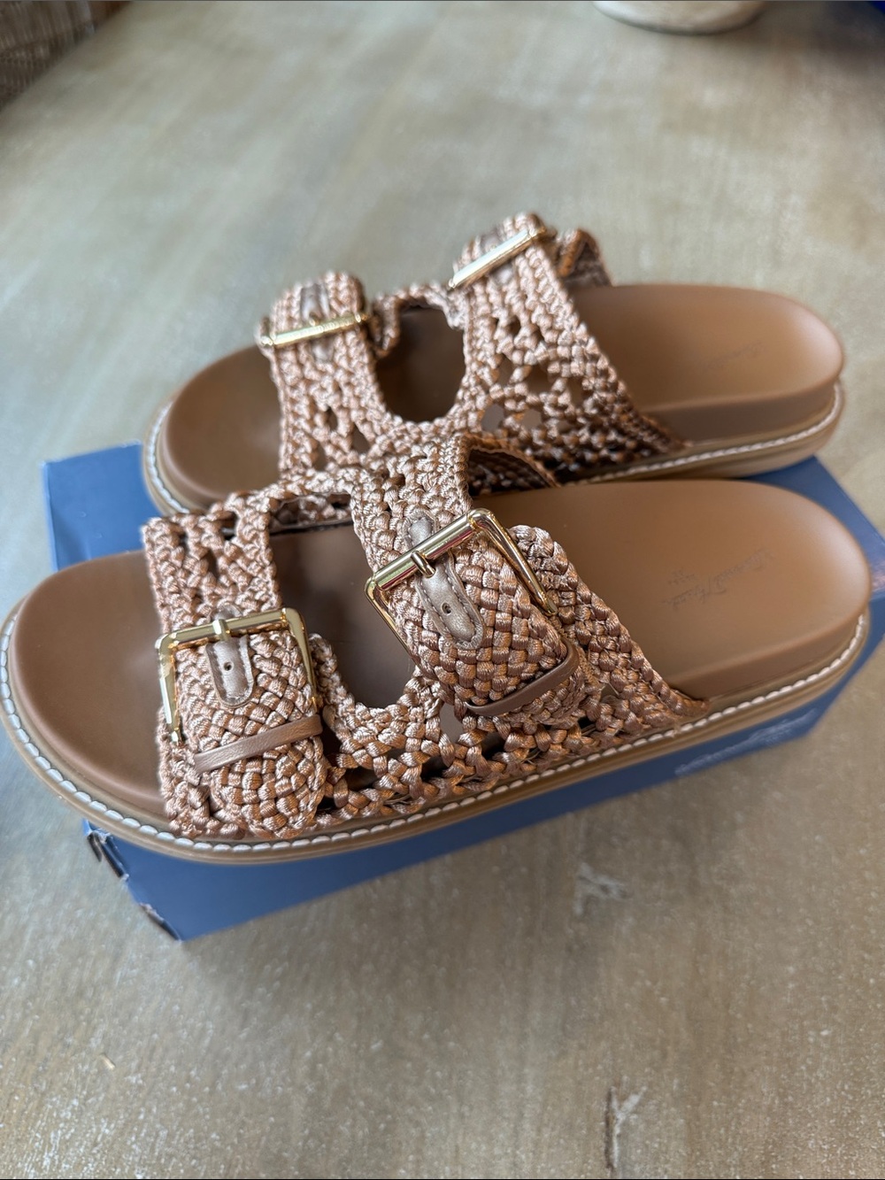 Kylie Braided Double Buckle Slide Sandals in Tan
